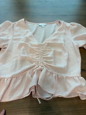 Topshop Blush Pink Ruched V-Neck Peplum Blouse